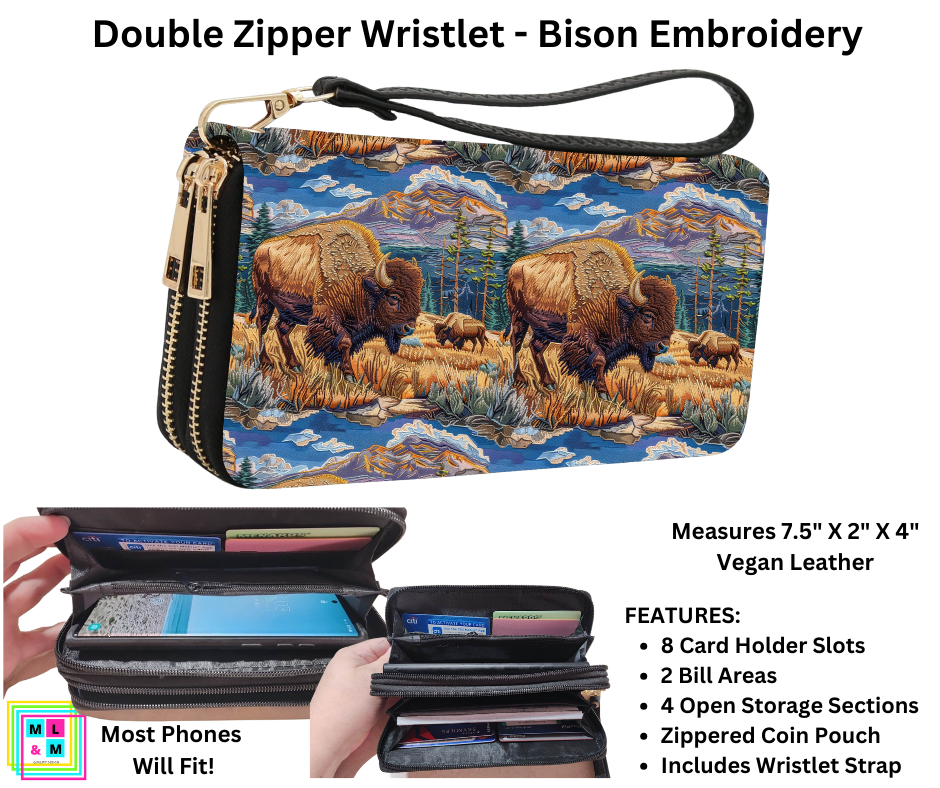 Bison Embroidery Friends Double Zipper Wristlet