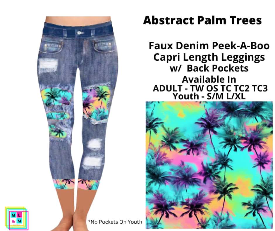 Abstract Palm Trees Faux Denim Capris