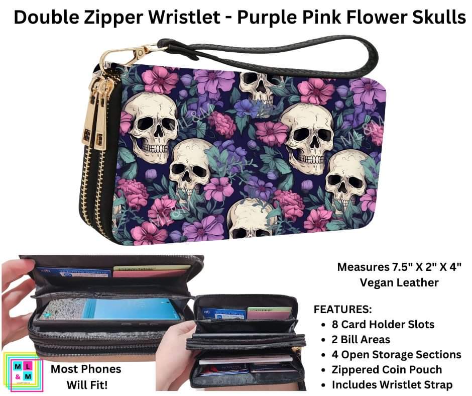 Purple Pink Flower Skulls Double Zipper Wristlet
