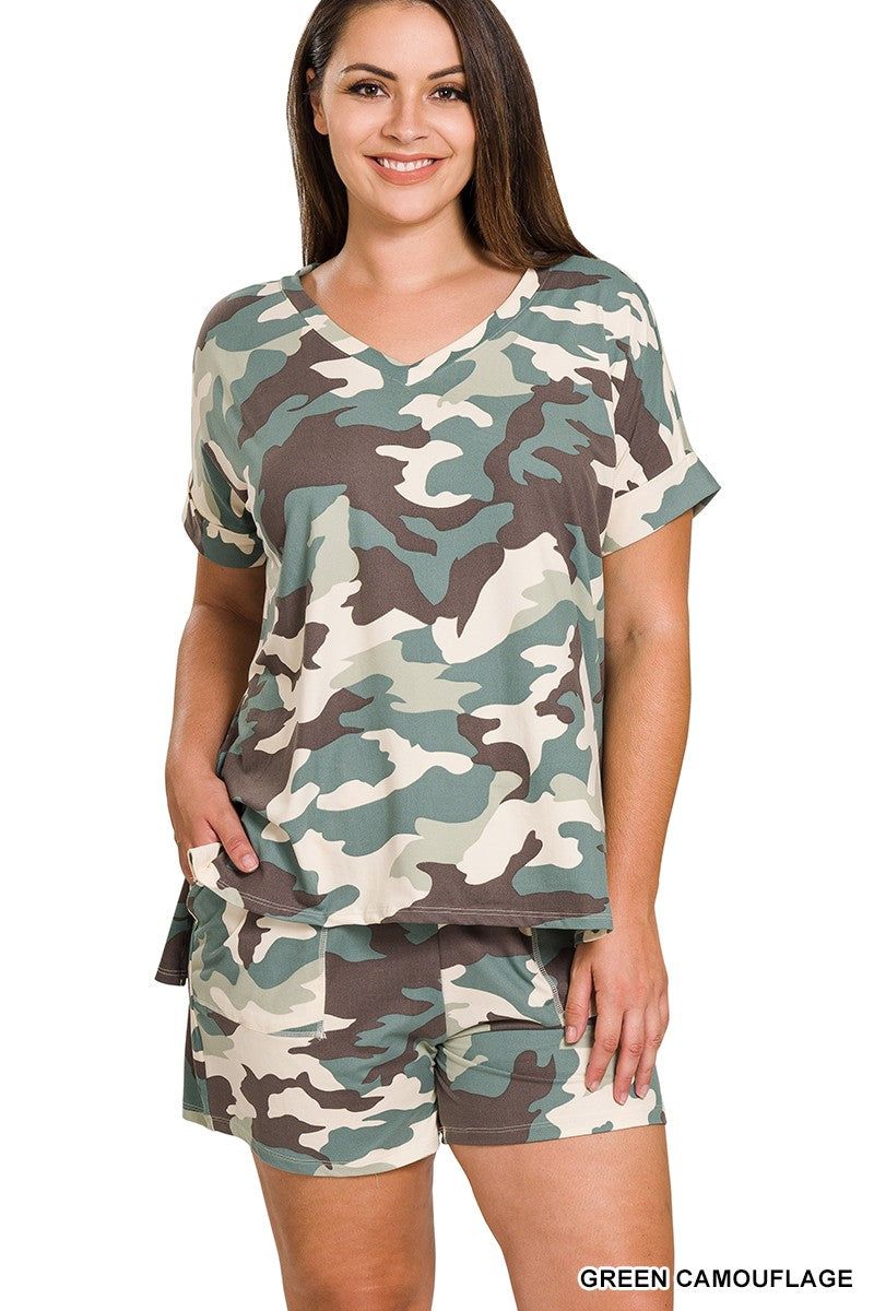 PLUS BRUSHED DTY CAMOUFLAGE V-NECK TOP & SHORTS - Green Camo