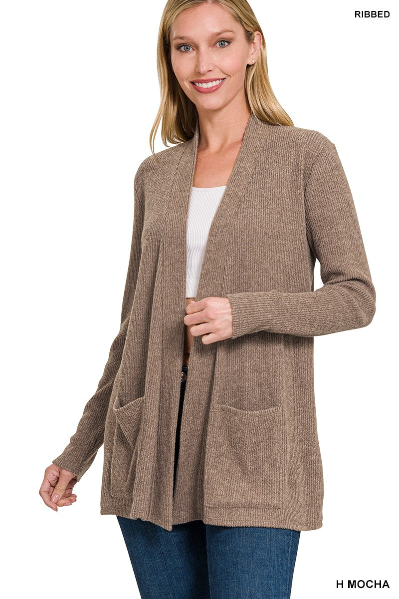 HEATHER RIBBED SWEATER OPEN FRONT CARDIGAN - Heather Mocha