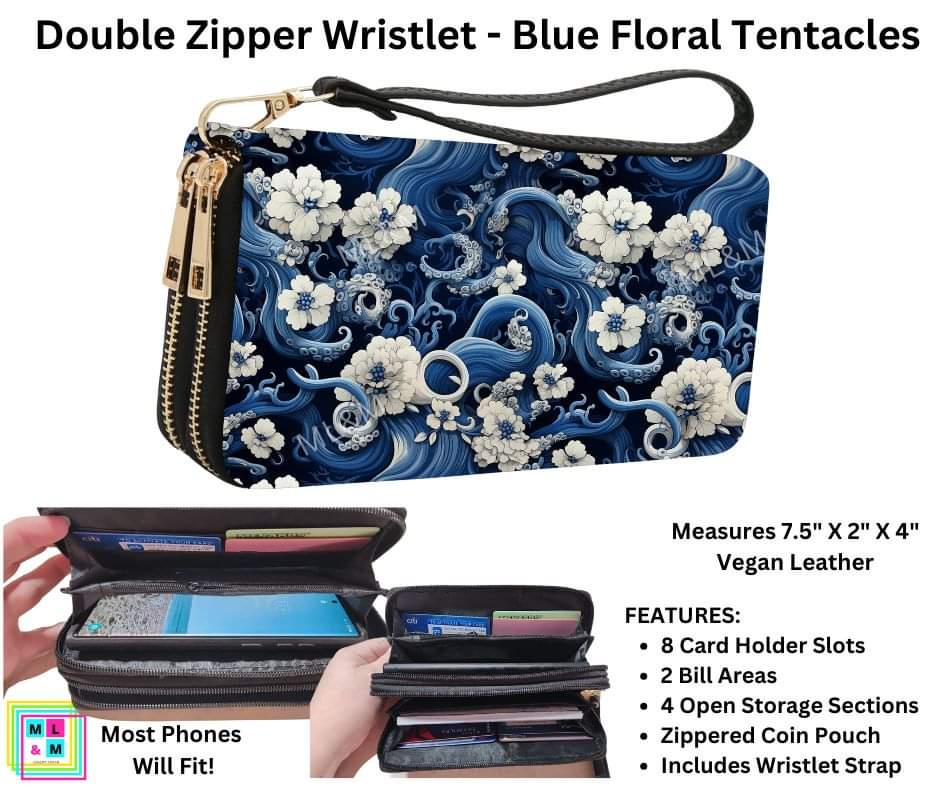 Blue Floral Tentacles Double Zipper Wristlet