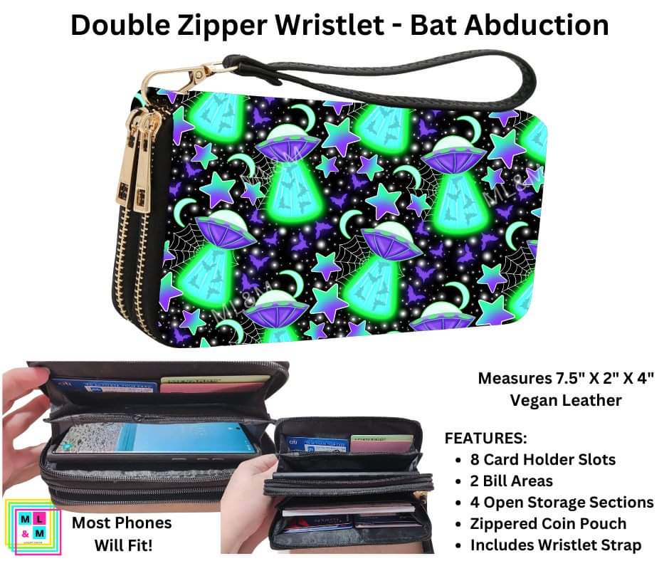 Bat Abduction Double Zipper Wristlet