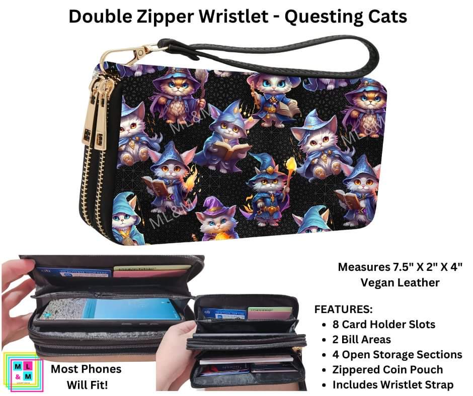 Questing Cats Double Zipper Wristlet